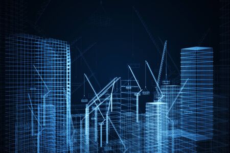 Creative digital construction drawing wallpaper with buildings and cranes. Engineering and design...