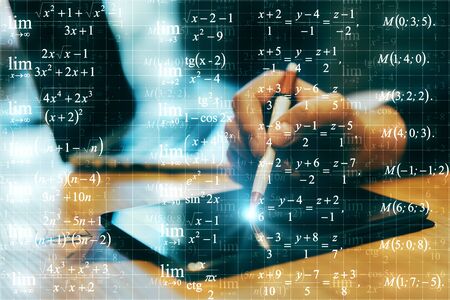 Close up of hands using tablet on abstract blurry background with mathematical formulas. Programming...