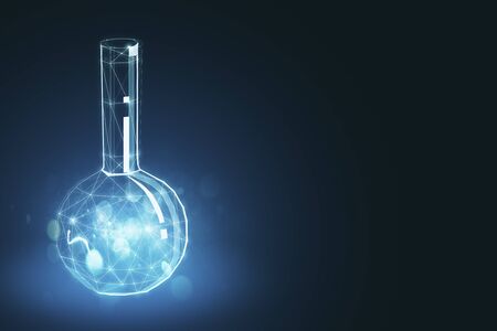 Creative glowing digital chemical lab retort on blue backdrop with blur. Chemistry, science and innovation concept. 3D Renderingの写真素材