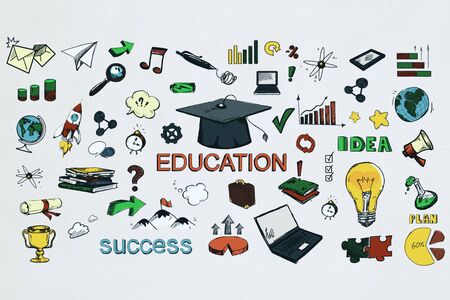 Creative hand drawn sketch on subtle white wall background. Idea and education concept. 3D Rendering