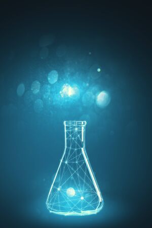 Abstract glowing digital chemical lab retort on blue backdrop with blur. Chemistry, science and innovation concept. 3D Renderingの写真素材