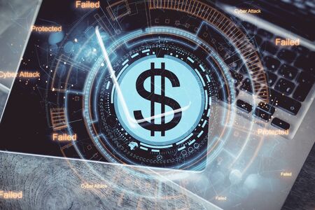 Top view of tablet and laptop with creative digital dollar sign on blurry background. Online market and currency concept. Double exposureの写真素材