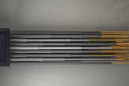 Notebook with creative abstract gray connection lines on concrete background. Communication and technology concept. 3D Renderingの写真素材