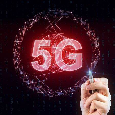 Hand drawing creative glowing red 5G internet background. Technology and speed concept.
