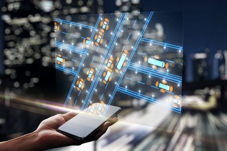 Hand holding smartphone with creative map hologram on blurry city background. Double exposure