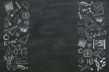 Creative educational sketch on blackboard background with copy space. Education and science concept....