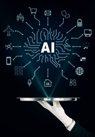 Hand holding tray with creative digital AI sketch on black background. Artificial intelligence and future conceptの写真素材