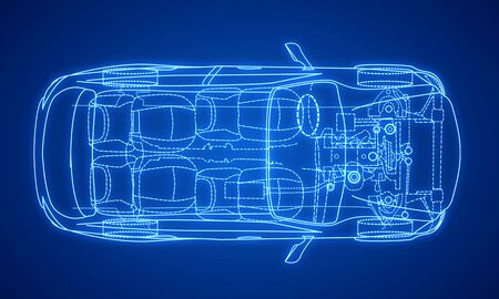 Creative digital blue car design blueprint on gradient background. Engineering and technology concept. 3D Renderingの写真素材