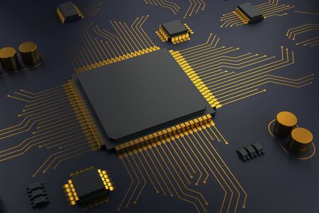 Abstract blank circuit chip on dark background. Hardware and engineering concept. Mock up, 3D Renderingの写真素材