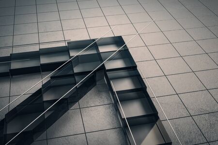 Creative black grid tile arrow on concrete wallpaper with lines. Growth and development concept. 3D...