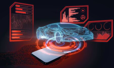 Polygonal hand holding smartphone with red car interface hologram. Transport, engineering, future and technology concept. 3D, Rendering, render, illustrationの写真素材