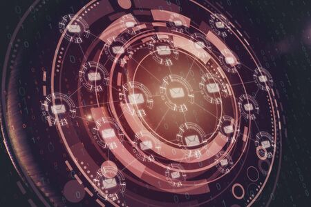 Creative pink social media network interface on dark background. Communication and networking concept. 3D Renderingの写真素材