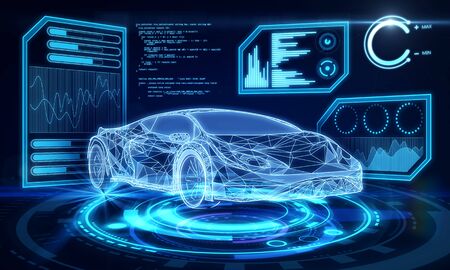 Creative blue car interface on dark wallpaper. Transport, engineering, future and technology...