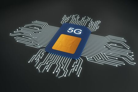 Creative 5G internet circuit sim card on dark background. Web speed and technology concept. 3D...