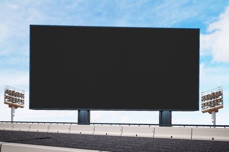 Blank black billboard on blue sky background. Mock up, 3D Renderingの写真素材