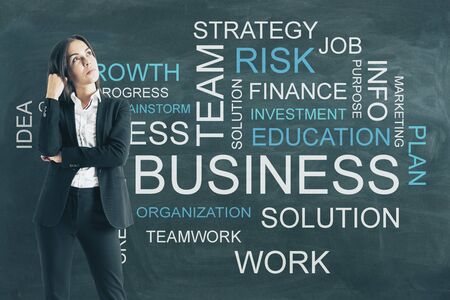 Positive thinking and motivation concept. Portrait of thinking young businesswoman on chalkboard background with wordsの写真素材