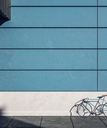 Blank blue exterior wall with bicycle on street, empty copyspace and sunlight. Mock  up, 3D Renderingの写真素材