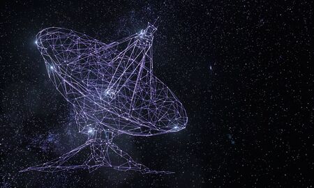 Glowing purple polygonal satellite dish or radio antenna on dark starry night sky background. Broadcasting and signal concept. 3D Renderingの写真素材