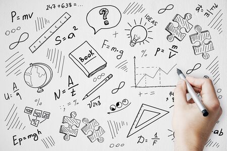 College and science concept. Creative hand drawn educational sketch on white backgroundの写真素材