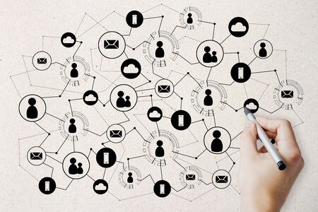 Hand drawing creative social network interface on white wall background. Media, HR and networking...