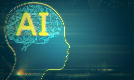 Glowing blurry head outline with polygonal brain on dark background. Artificial intelligence and flow concept. 3D Renderingの写真素材