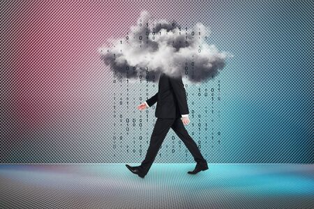 Side view of walking young businessman walking with abstract cloud on gradient background with binary code rain. Cloud computing conceptの写真素材