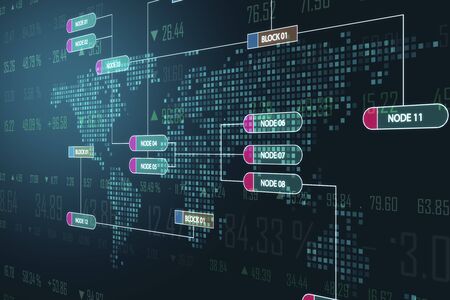 Creative glowing big data background with digital nodes and pixel map. Technology and programming concept. 3D Renderingの写真素材
