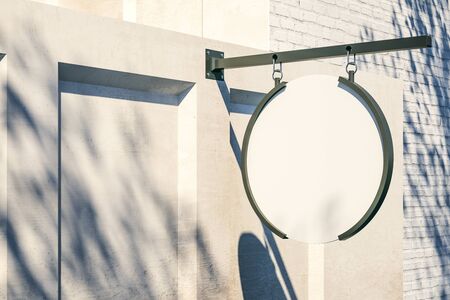 Creative empty round white stopper on building exterior. Sunlight. Ad concept. Mock up, 3D Renderingの写真素材