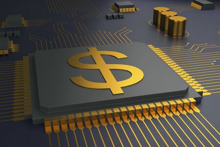 Abstract glowing dollar circuit chip. Cryptocurrency and finance concept. 3D Rendering