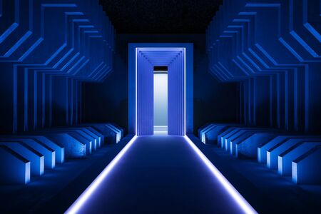 Abstract futuristic blue tunnel interior. Space ship concept. 3D Renderingの写真素材