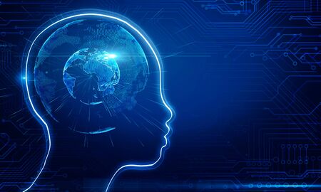 Abstract human head outline with globe. AI and global business concept. 3D Rendering
