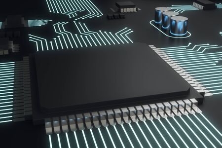 Clean circuit chip plate on dark background. Technology and hardware concept. Mock up, 3D Rendering