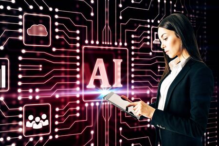 Attractive young european businesswoman using tablet glowing AI circuit interface on dark...