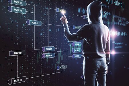 Hacker using creative glowing big data screen. Malware and futuristic concept. Multiexposure