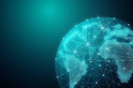 Creative glowing polygonal globe on dark background. AI and distributed concept. 3D Renderingの写真素材