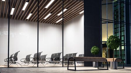 Empty modern conference room with black furniture and wooden ceiling in the night. 3d rendering