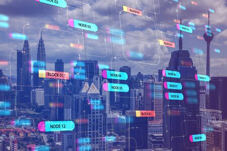 Global technology concept with digital node tree screen and megapolis city with skyscrapers. Double...