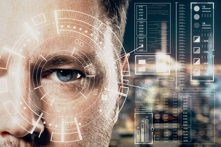 Human being futuristic vision concept with blue eye man and cyberspace screen with digital data at...