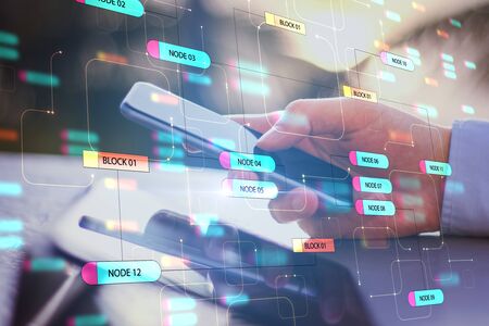 Programming concept with man using mobile phone and digital screen with node tree signs. Doouble...