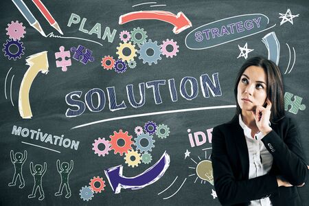 Success, solution and marketing concept with creative hand drawn business sketch ob blackboard and reflective woman.の写真素材