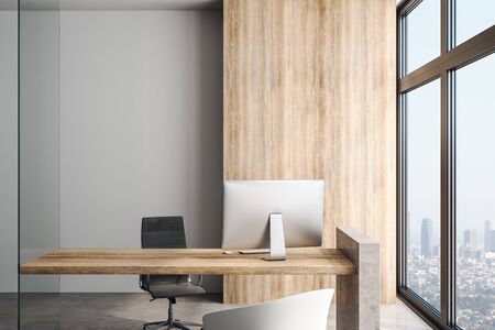 Loft style office with wooden table and wall, suede leather chair, concrete floor anf big light windows with city view. 3D Renderingの写真素材