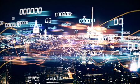 Abstract glowing coding on blurry night city background with numbers. Binary code and computing concept. Double exposureの写真素材