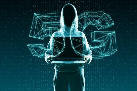 Hacker with laptop on creative glowing 5G internet background. Web and hacking concept....