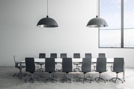 Minimalistic concrete meeting room interior with furniture and city view. Workplace and office...