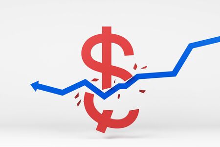 Creative downward blue arrow breaking red dollar sign on white background. Economy and decrease...
