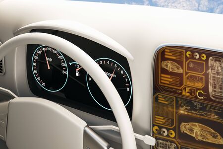 Bright white car interior with futuristic screen and sky with clouds view. Transport and vehicle...