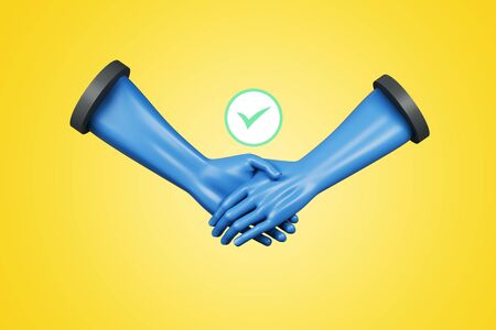 Abstract digital hands with green tick mark on yellow background. Teamwork and deal concept. 3D Renderingの写真素材
