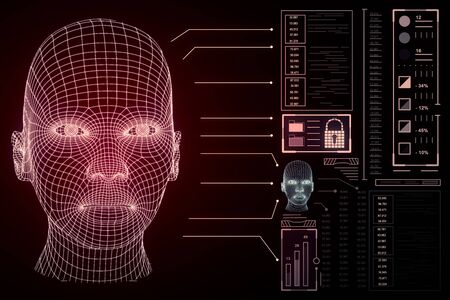 Abstract glowing red head outline interface on dark background. AI and futuristic concept. 3D...