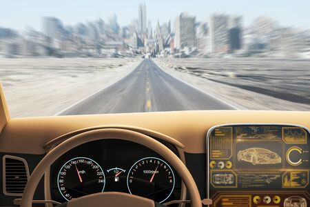 Modern brown car interior with futuristic screen and blurry road view. Transport and vehicle concept. 3D Rendering