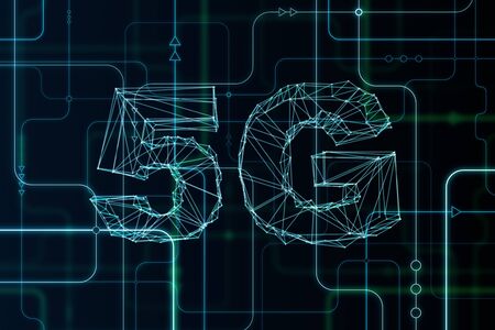 Creative glowing 5G internet background. Speed and technology concept. 3D Renderingの写真素材